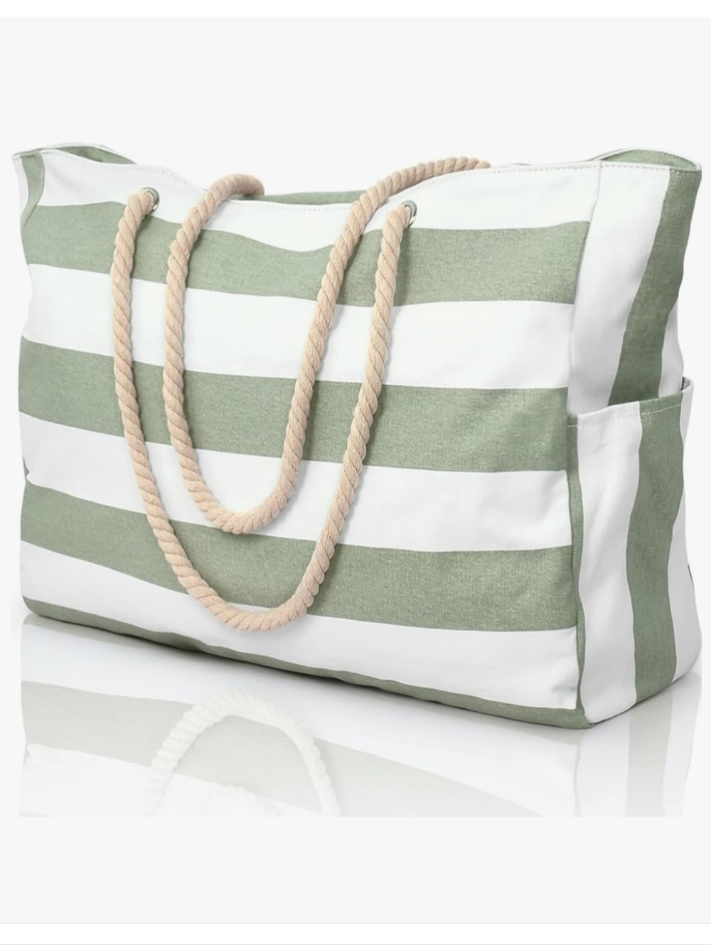 Green & White Striped Beach Tote Bag with Rope Handles